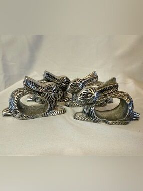 Decorative Silver Pewter Bunny Napkin Rings - Set of 4 VTG